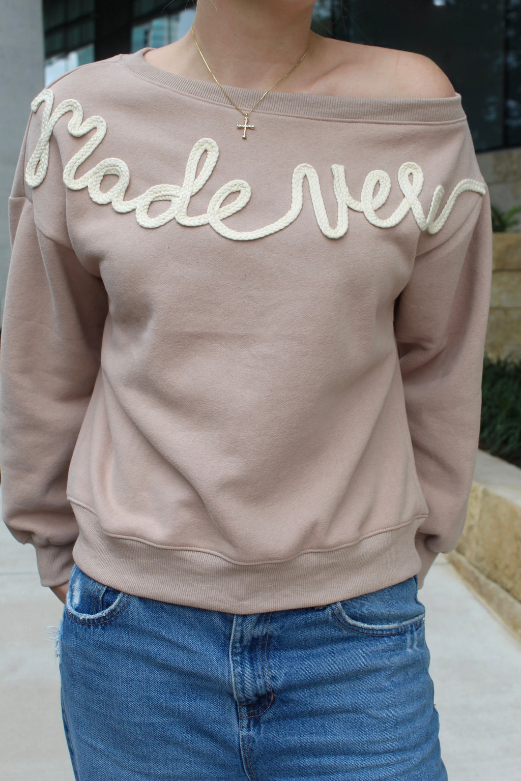 Made New Rope Embroidered Off-Shoulder Sweatshirt